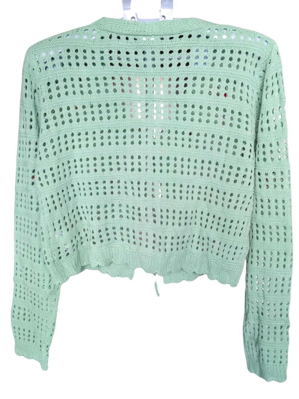 Coquette Cherry Knit Cardigan Mint Green Tie Front Cropped Pointelle Sweater - Picture 9 of 11
